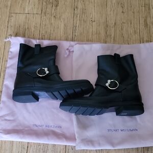 Stuart Weitzman Black Boots with Faux Gold And Pearl Buckle